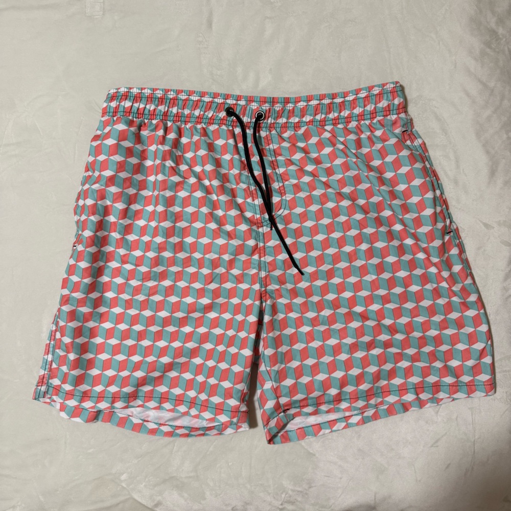 Geometric Patterned Orange and Blue Pool Shorts